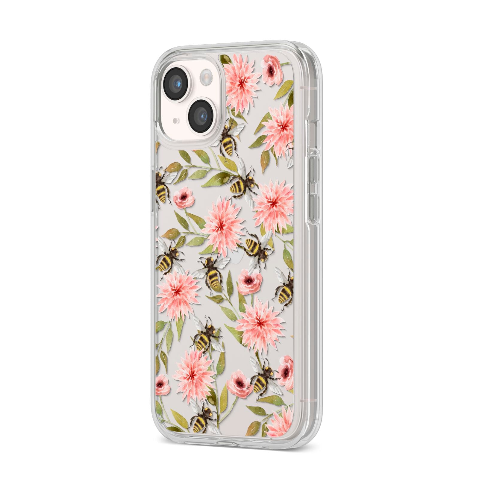 Pink Flowers and Bees iPhone 14 Clear Tough Case Starlight Angled Image