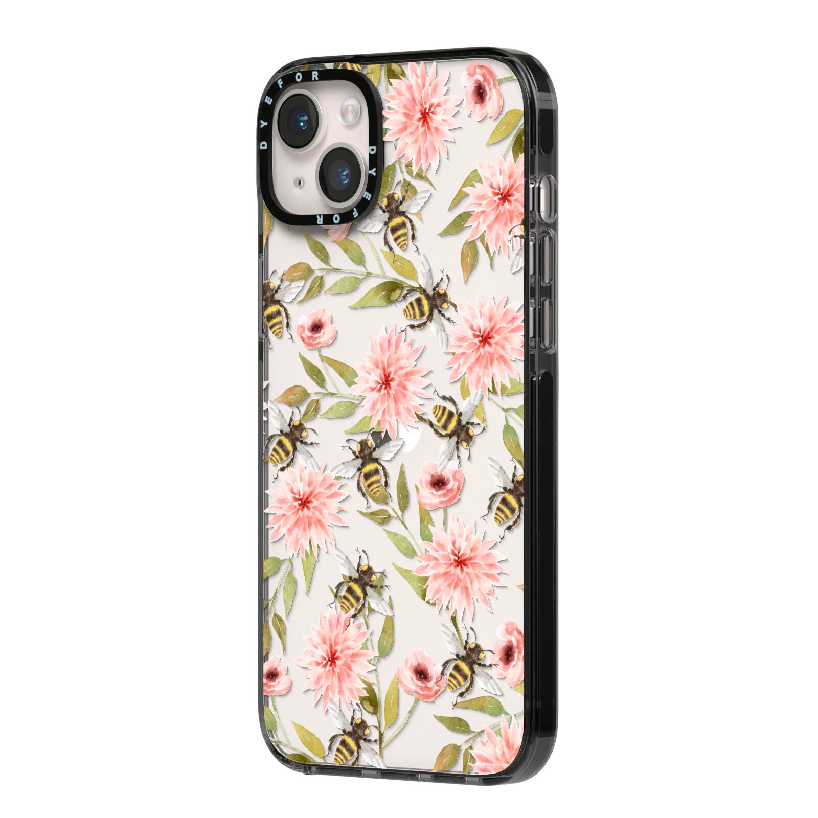 Pink Flowers and Bees iPhone 14 Plus Black Impact Case Side Angle on Silver phone