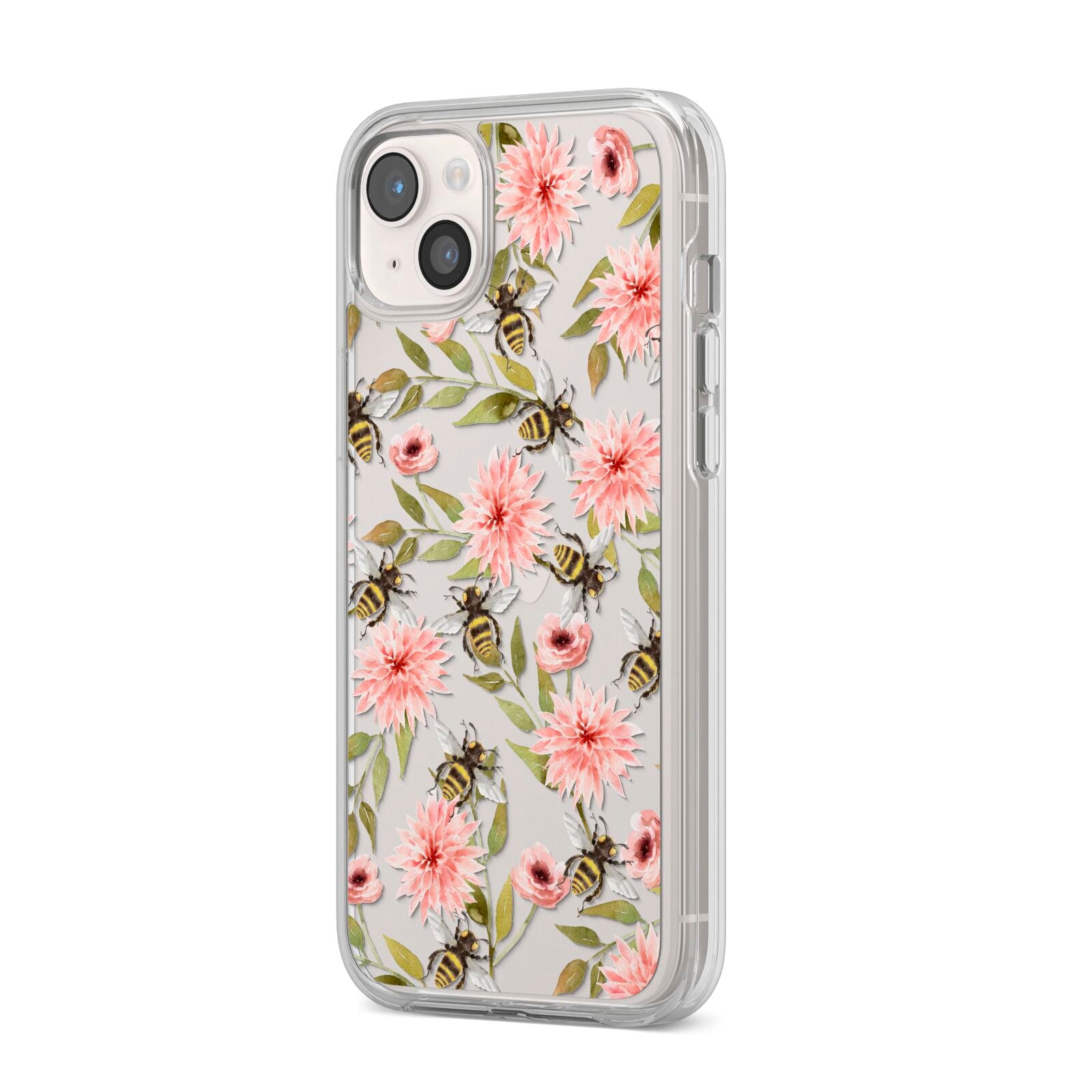 Pink Flowers and Bees iPhone 14 Plus Clear Tough Case Starlight Angled Image