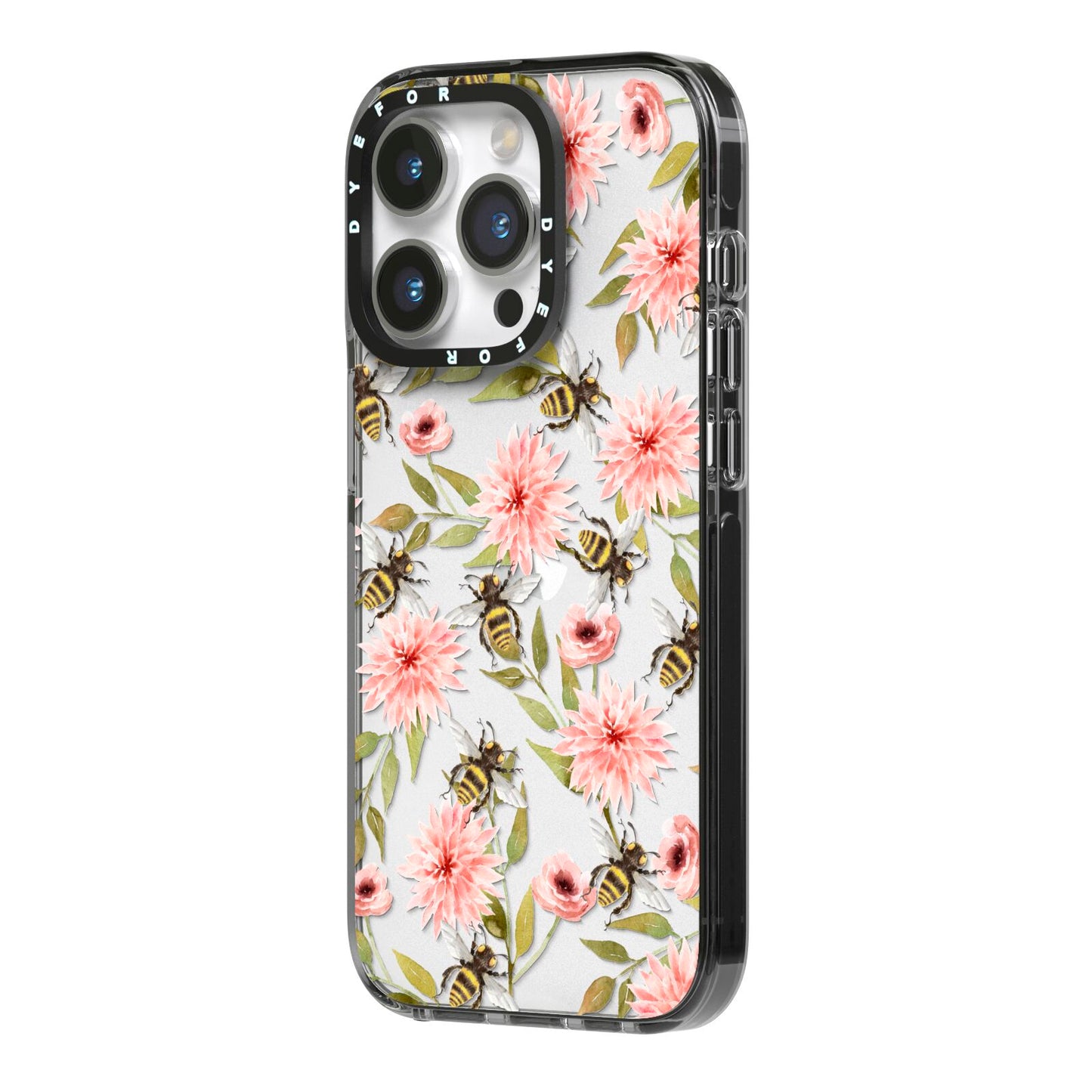 Pink Flowers and Bees iPhone 14 Pro Black Impact Case Side Angle on Silver phone
