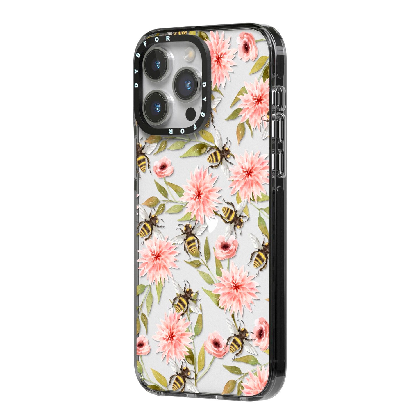 Pink Flowers and Bees iPhone 14 Pro Max Black Impact Case Side Angle on Silver phone