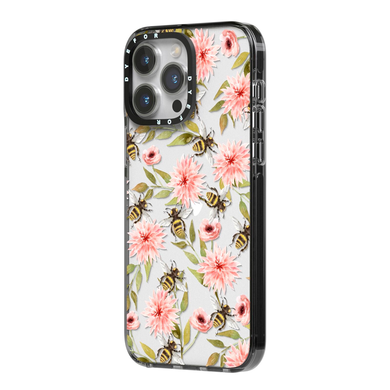 Pink Flowers and Bees iPhone 14 Pro Max Black Impact Case Side Angle on Silver phone