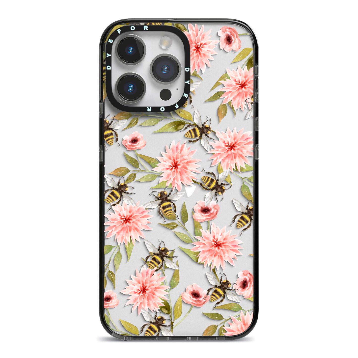 Pink Flowers and Bees iPhone 14 Pro Max Black Impact Case on Silver phone