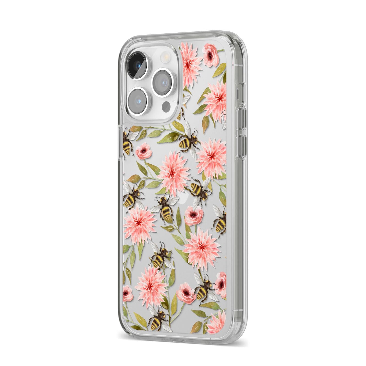 Pink Flowers and Bees iPhone 14 Pro Max Clear Tough Case Silver Angled Image