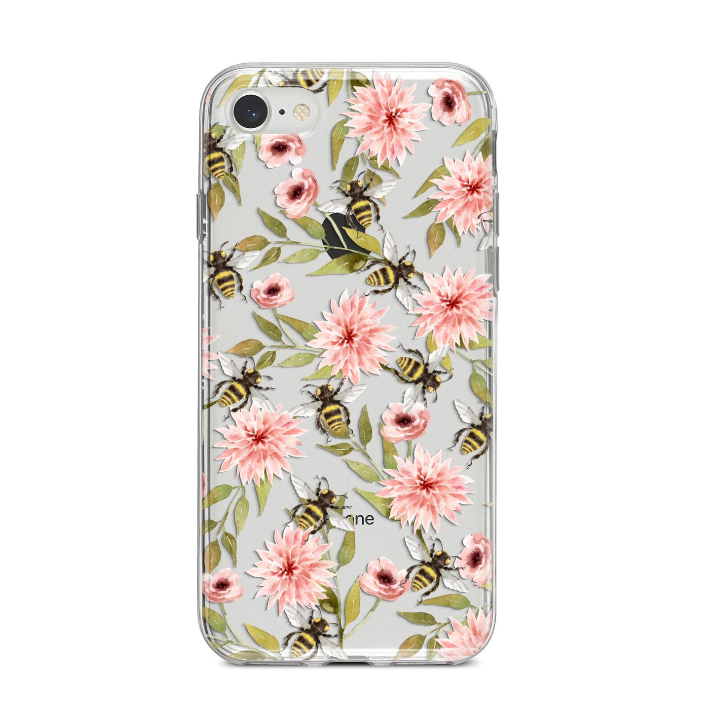 Pink Flowers and Bees iPhone 8 Bumper Case on Silver iPhone