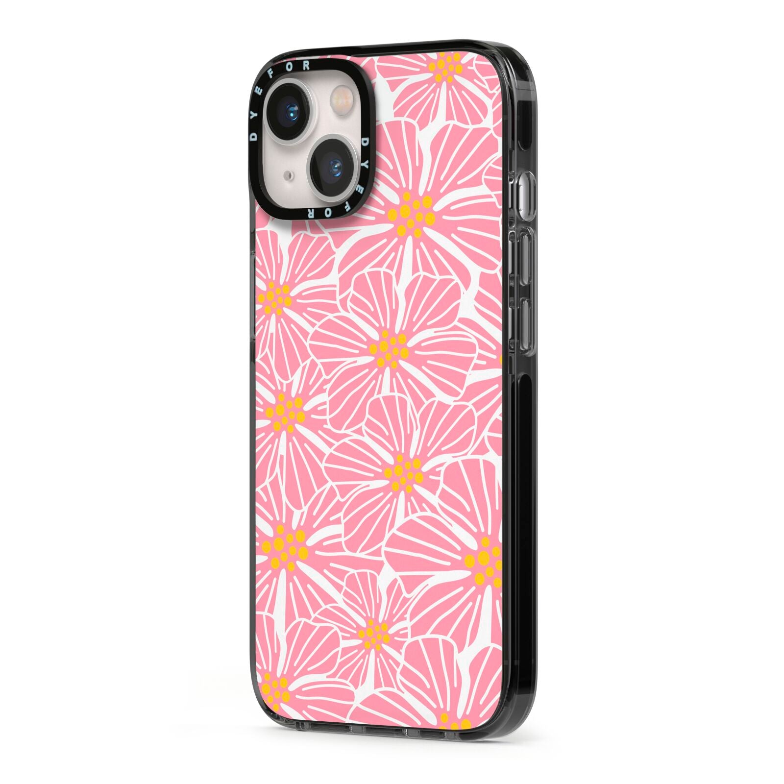 Pink Flowers iPhone 13 Black Impact Case Side Angle on Silver phone