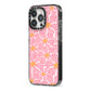 Pink Flowers iPhone 13 Pro Black Impact Case Side Angle on Silver phone