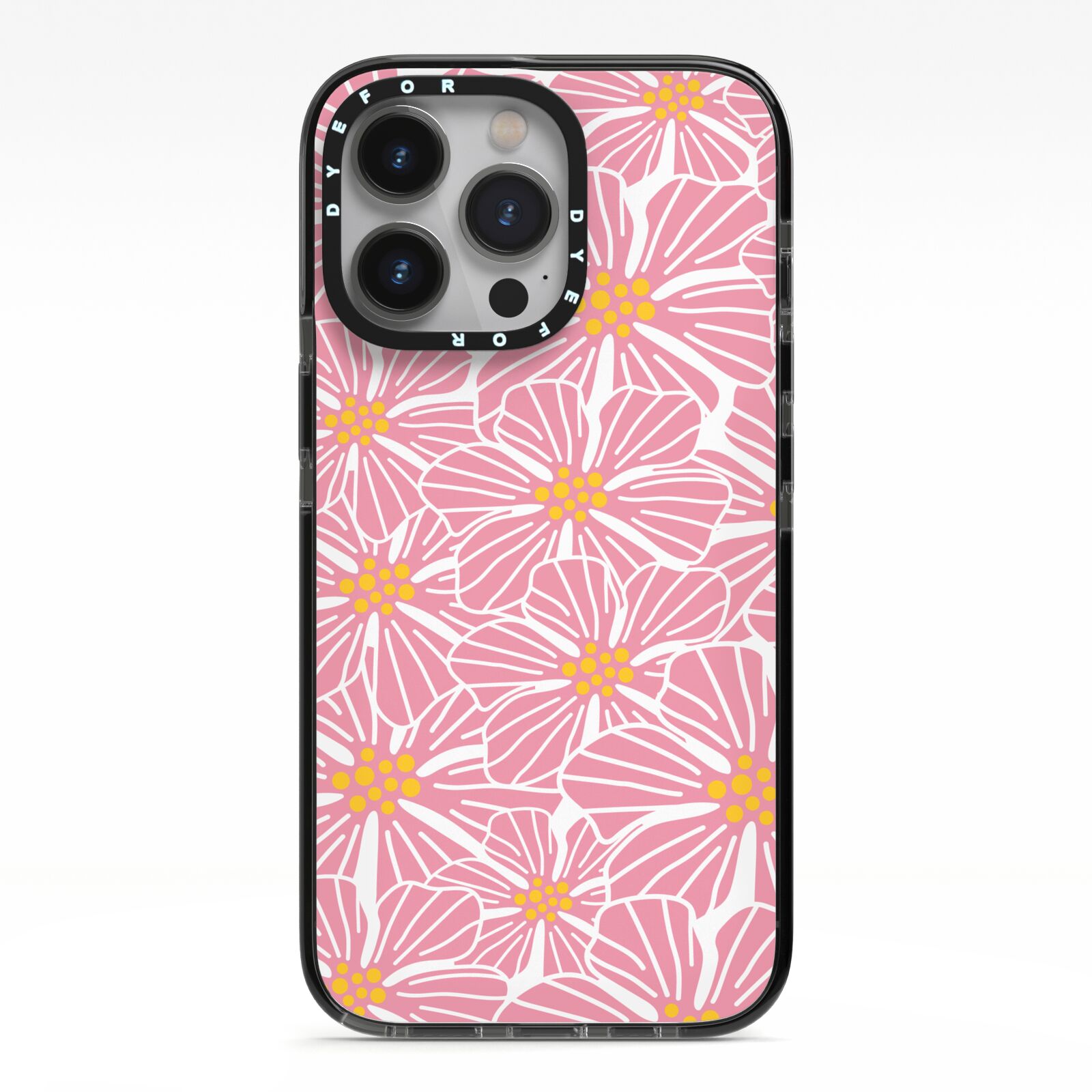 Pink Flowers iPhone 13 Pro Black Impact Case on Silver phone