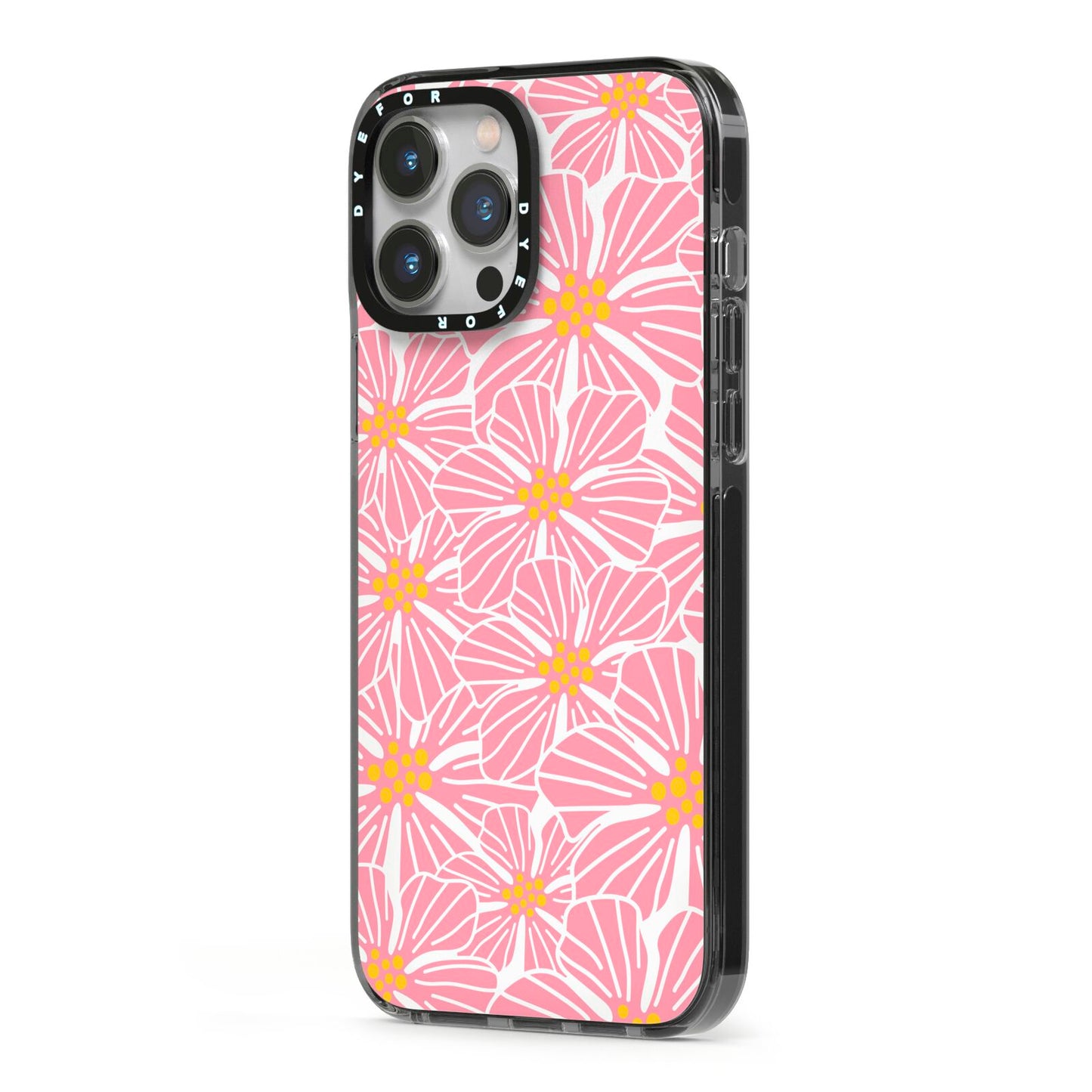 Pink Flowers iPhone 13 Pro Max Black Impact Case Side Angle on Silver phone