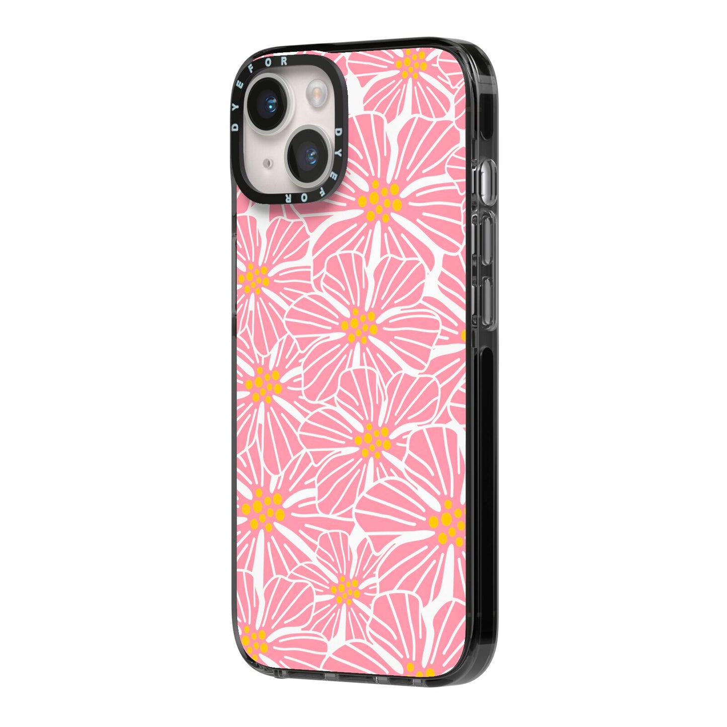 Pink Flowers iPhone 14 Black Impact Case Side Angle on Silver phone