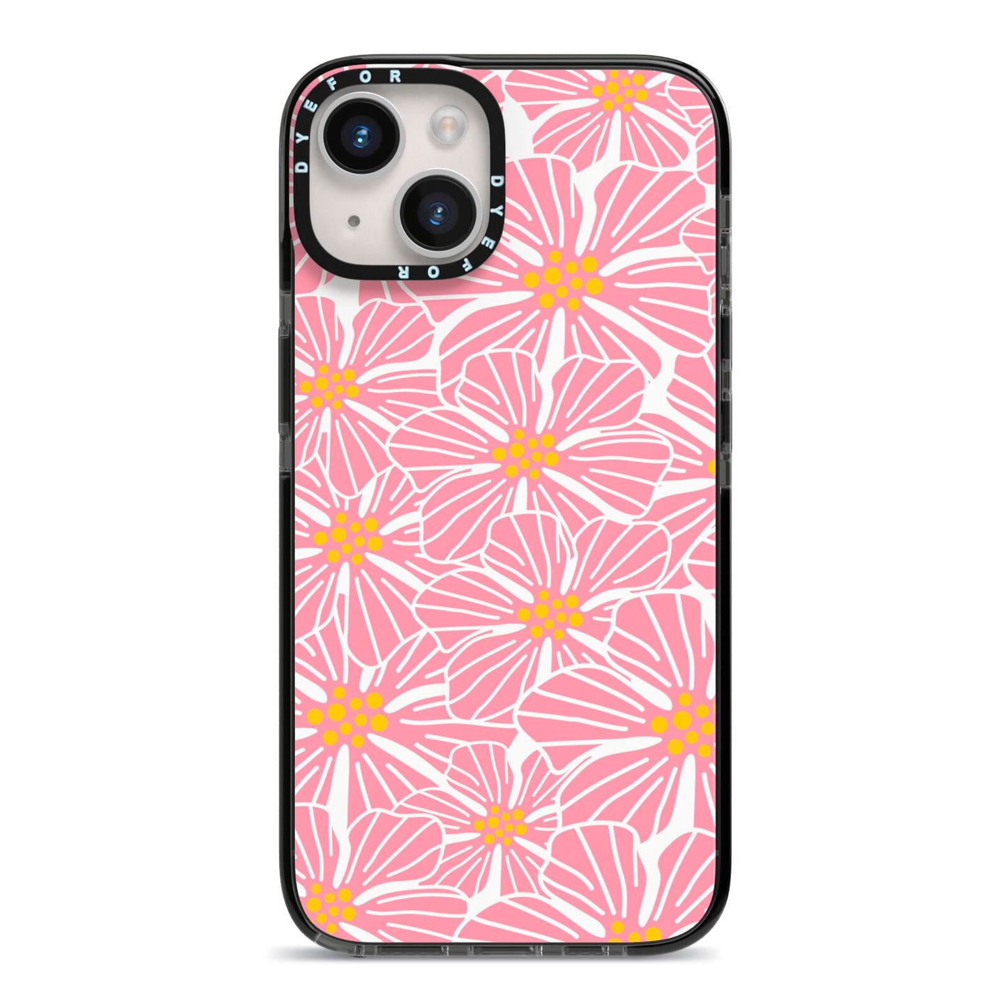 Pink Flowers iPhone 14 Black Impact Case on Silver phone