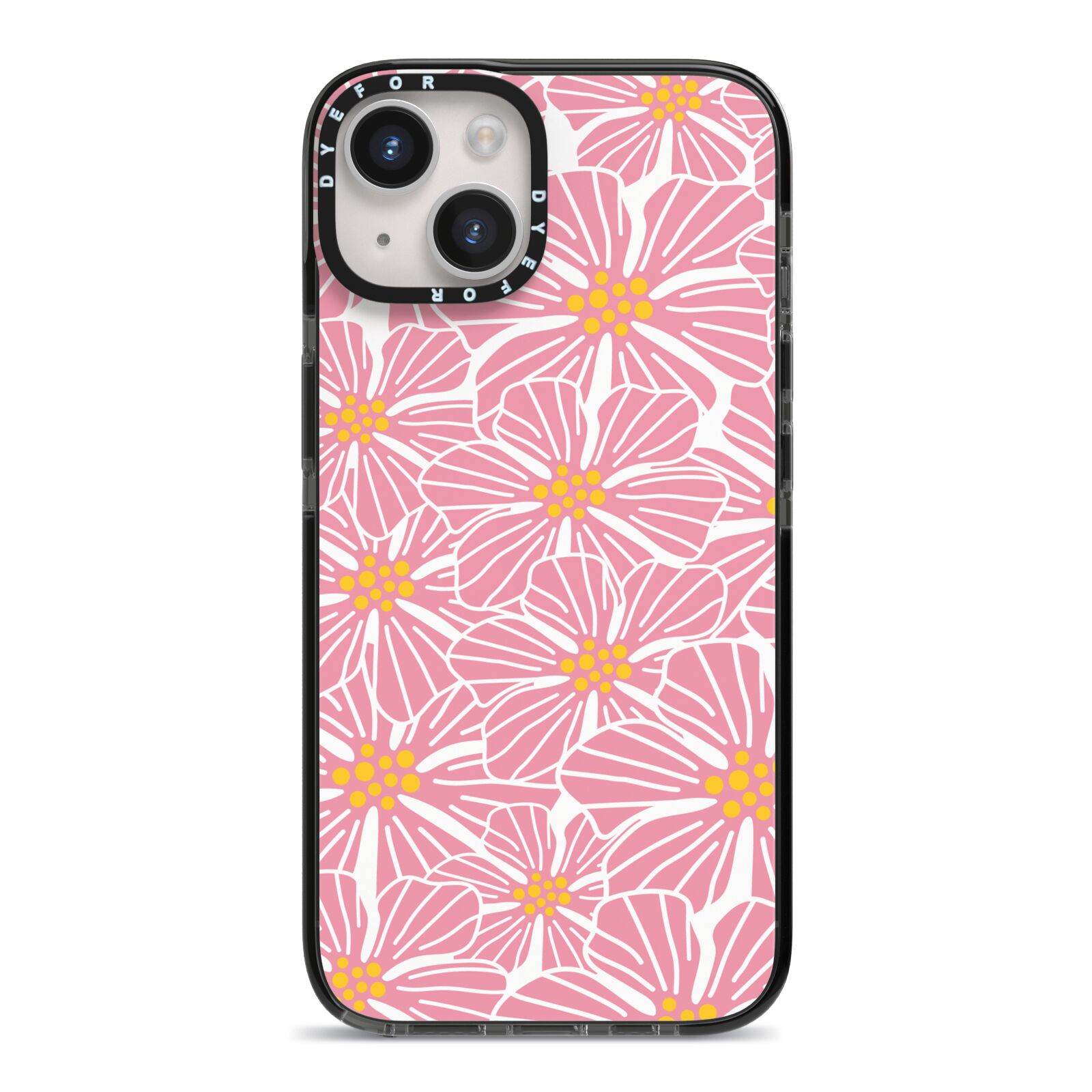 Pink Flowers iPhone 14 Black Impact Case on Silver phone