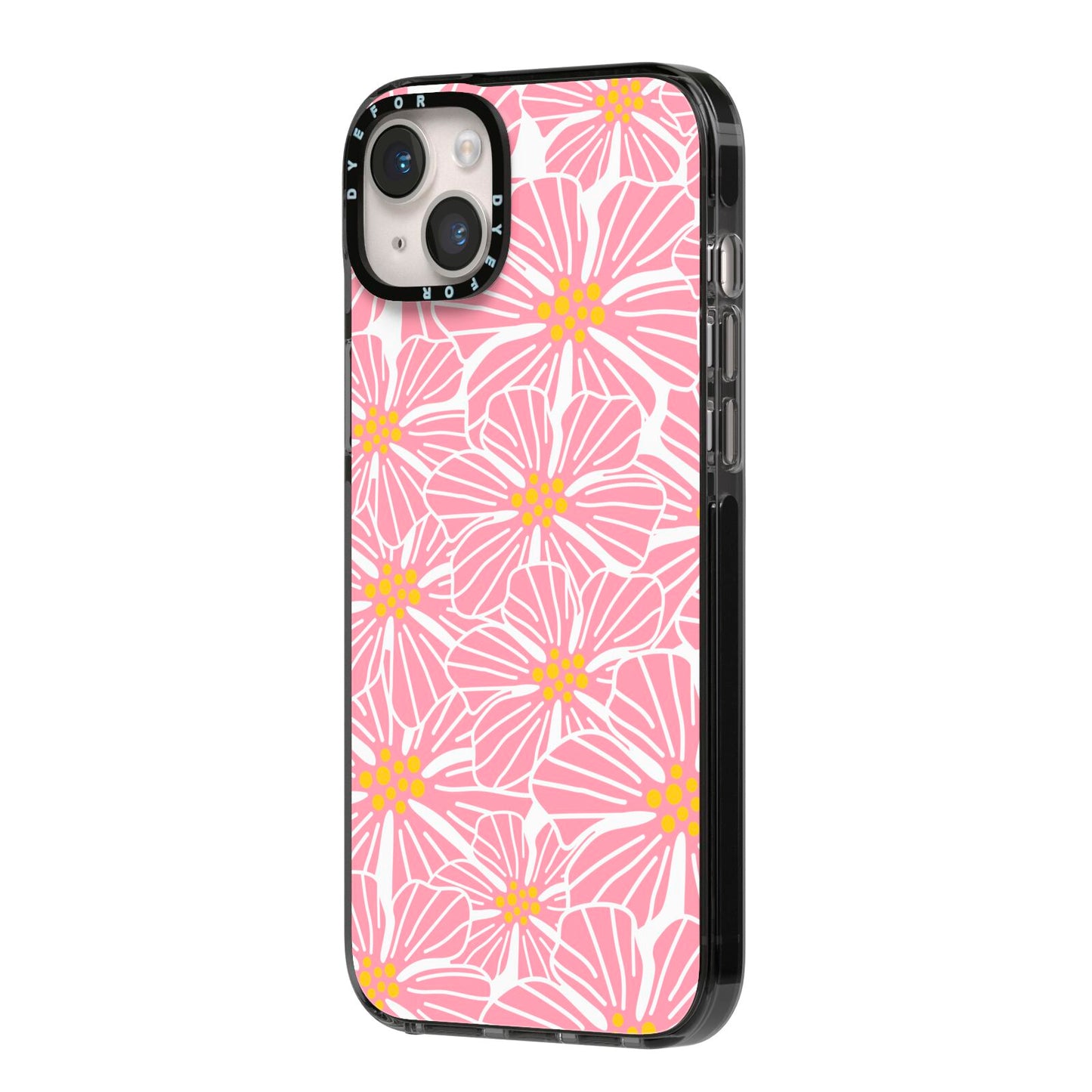Pink Flowers iPhone 14 Plus Black Impact Case Side Angle on Silver phone