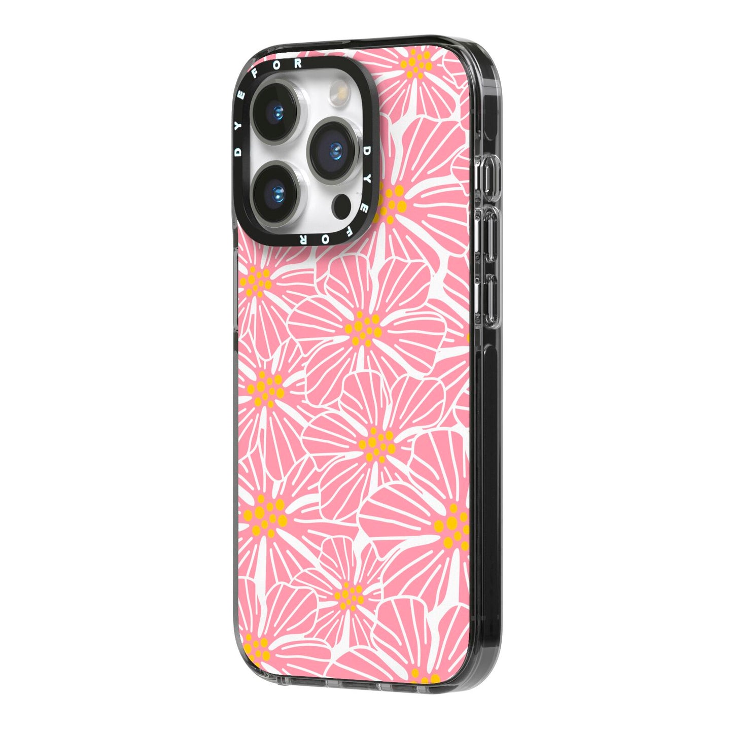 Pink Flowers iPhone 14 Pro Black Impact Case Side Angle on Silver phone
