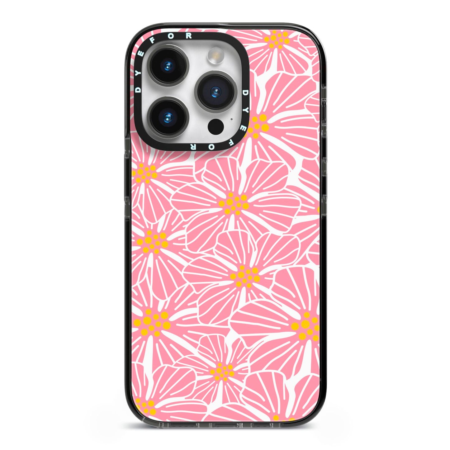 Pink Flowers iPhone 14 Pro Black Impact Case on Silver phone