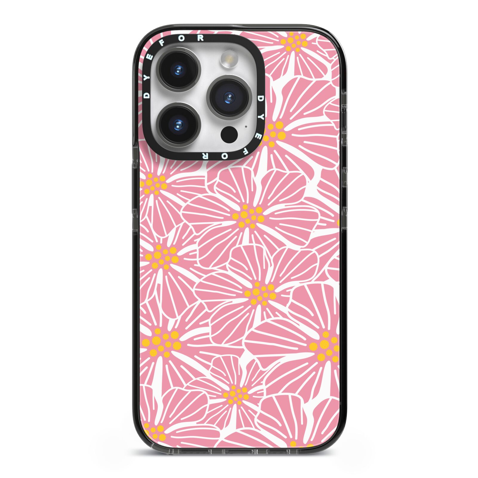 Pink Flowers iPhone 14 Pro Black Impact Case on Silver phone