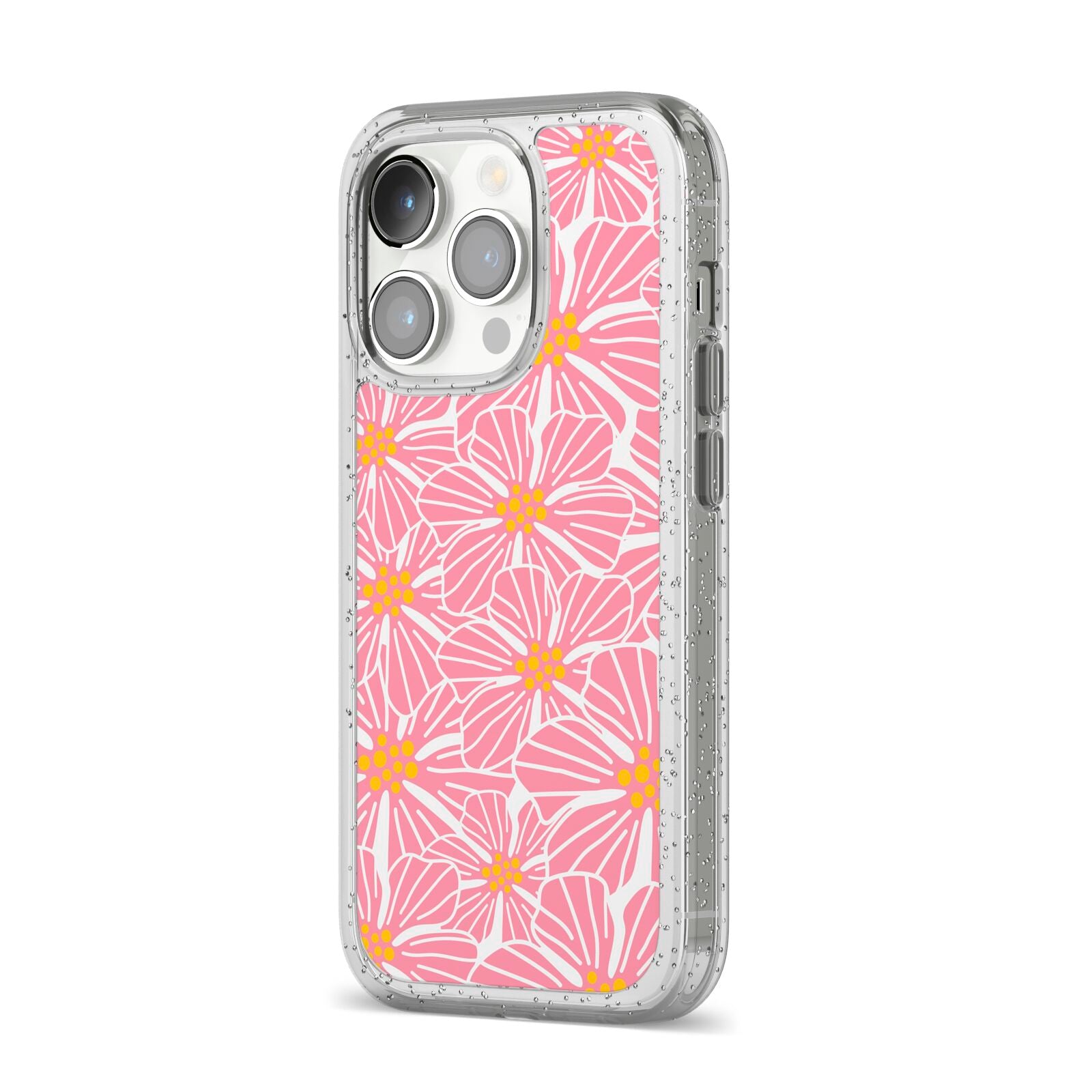 Pink Flowers iPhone 14 Pro Glitter Tough Case Silver Angled Image