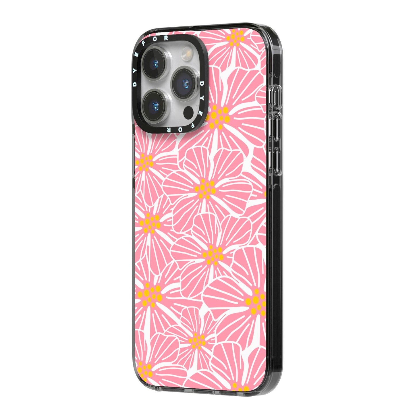 Pink Flowers iPhone 14 Pro Max Black Impact Case Side Angle on Silver phone