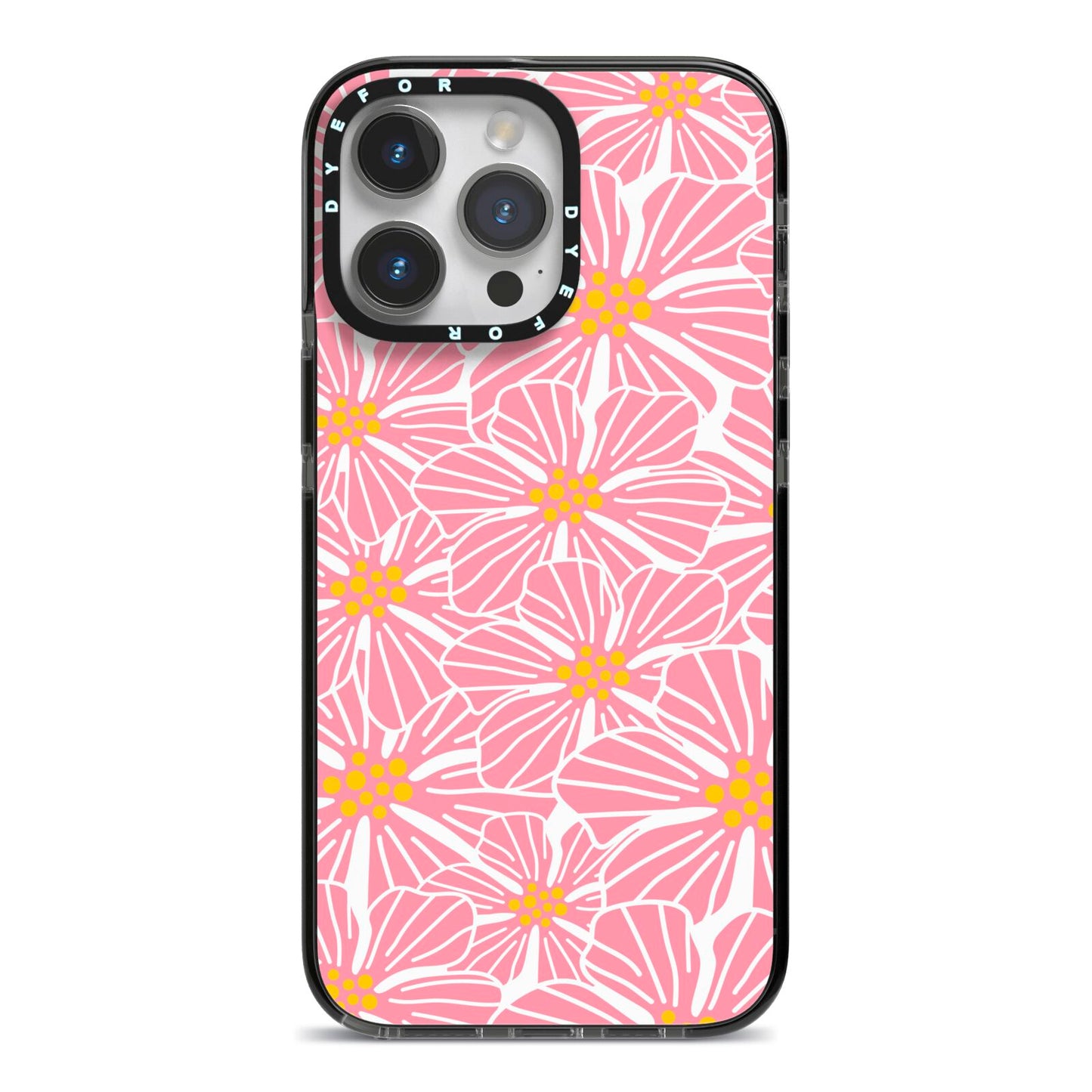 Pink Flowers iPhone 14 Pro Max Black Impact Case on Silver phone