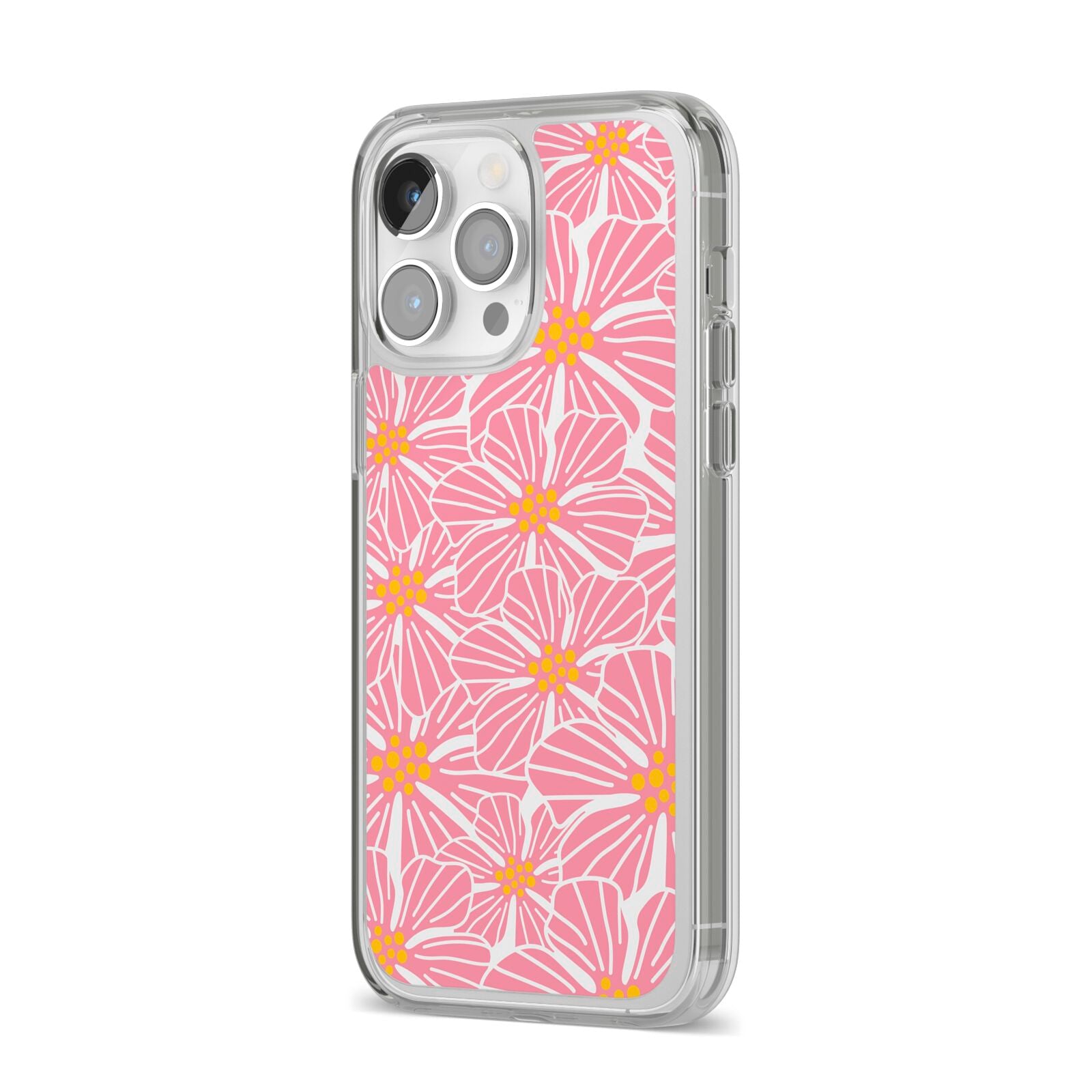 Pink Flowers iPhone 14 Pro Max Clear Tough Case Silver Angled Image