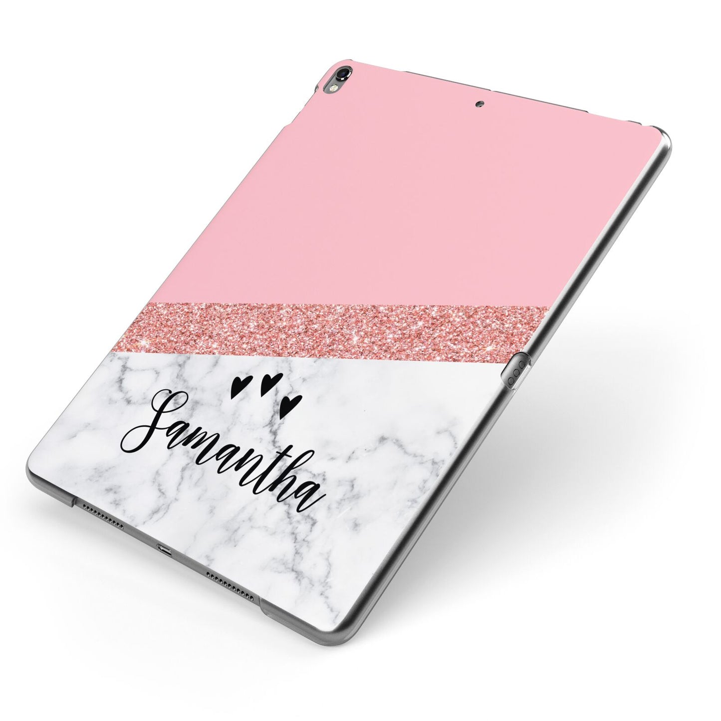 Pink Geometric Marble Personalised Name Apple iPad Case on Grey iPad Side View