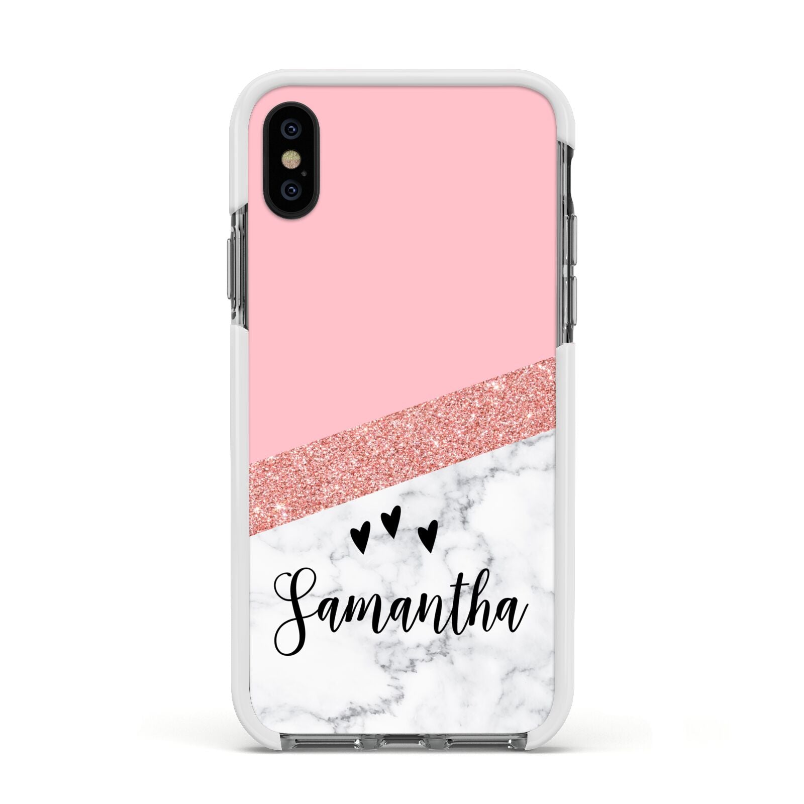 Pink Geometric Marble Personalised Name Apple iPhone Xs Impact Case White Edge on Black Phone
