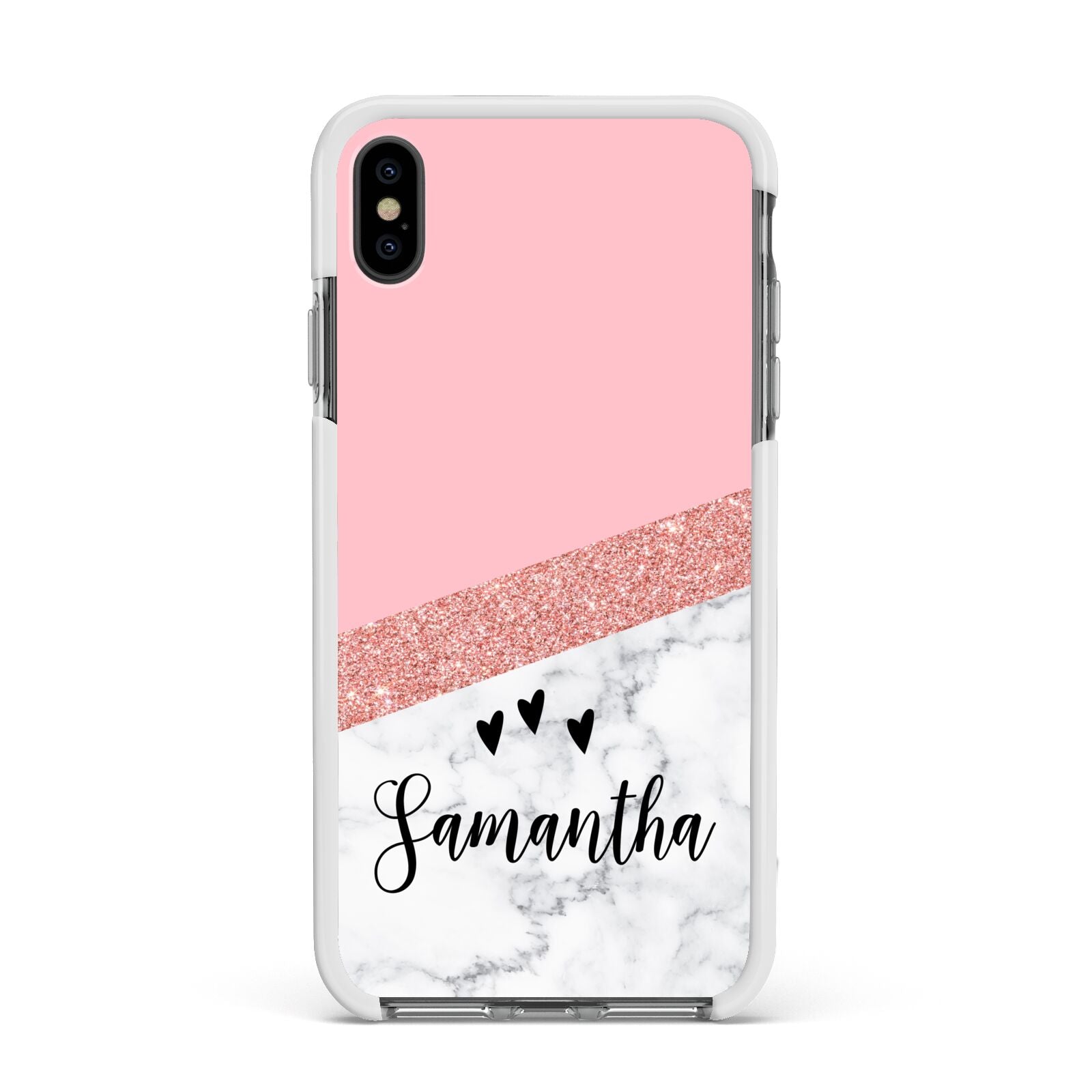 Pink Geometric Marble Personalised Name Apple iPhone Xs Max Impact Case White Edge on Black Phone