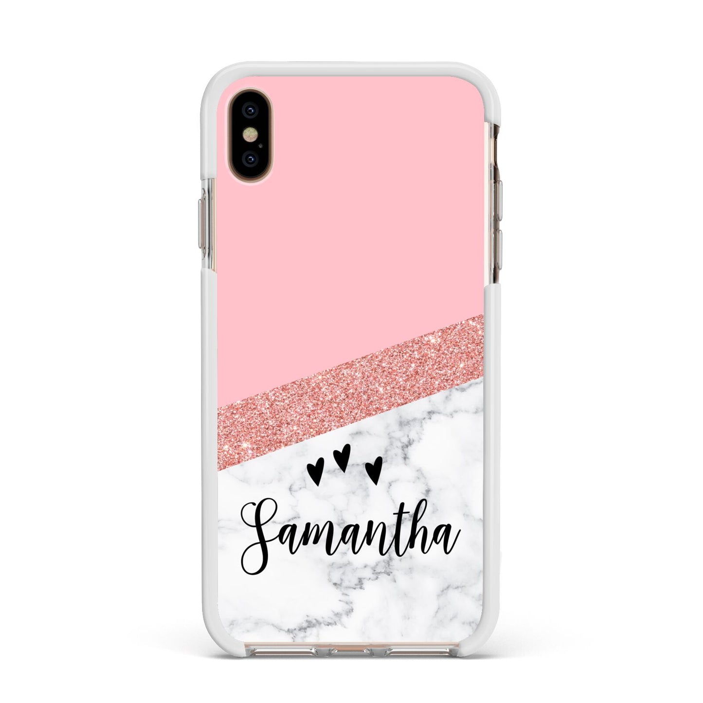 Pink Geometric Marble Personalised Name Apple iPhone Xs Max Impact Case White Edge on Gold Phone
