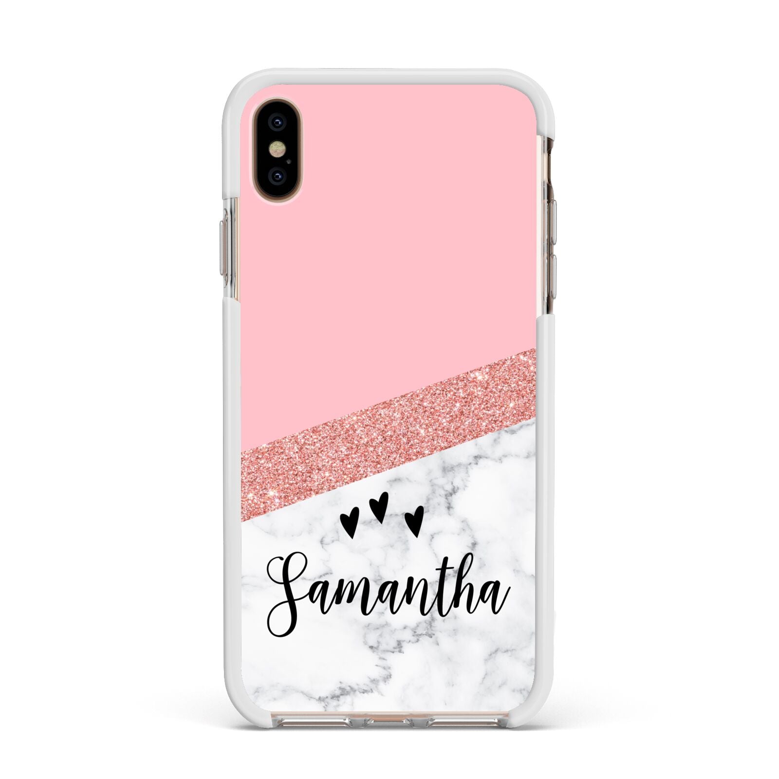 Pink Geometric Marble Personalised Name Apple iPhone Xs Max Impact Case White Edge on Gold Phone