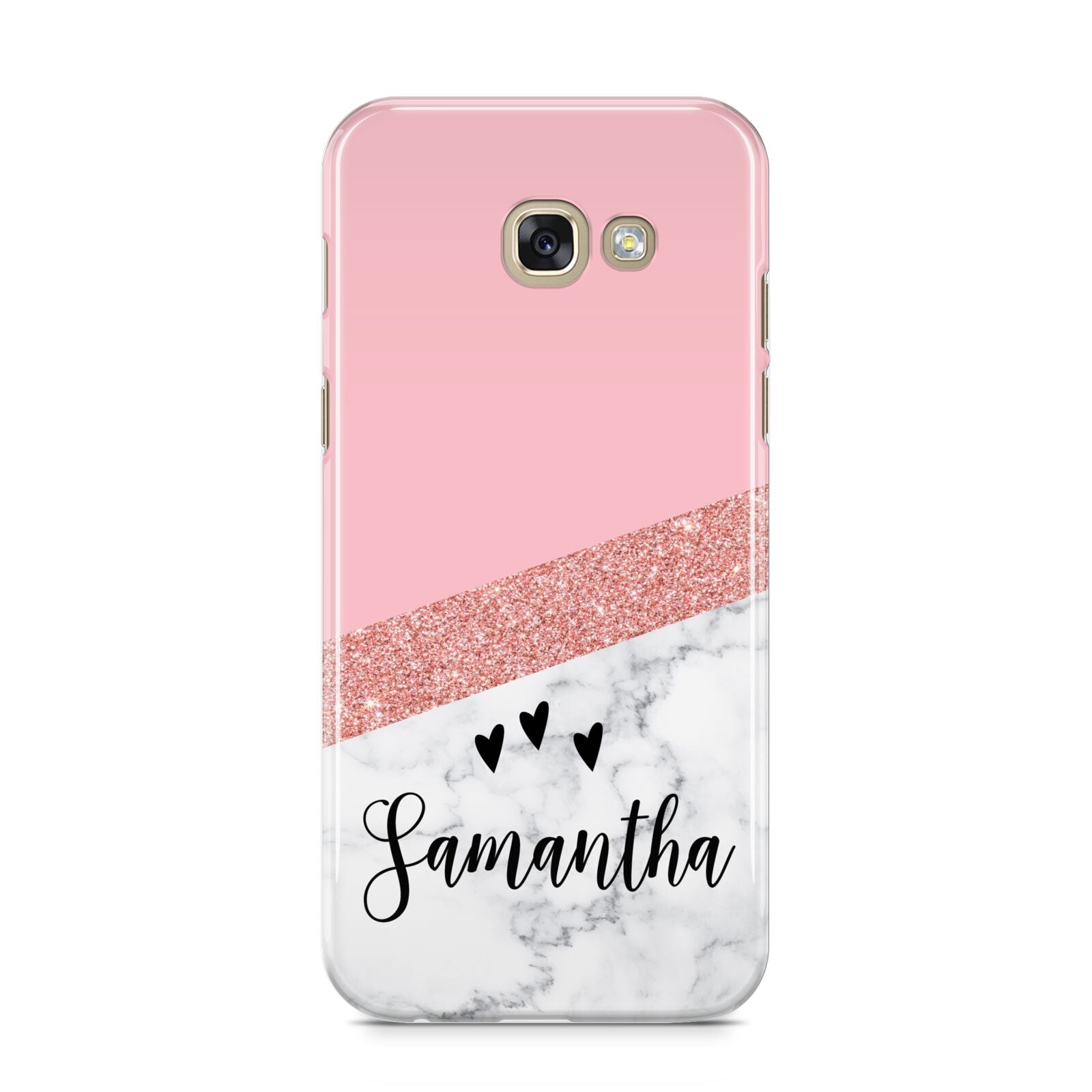 Pink Geometric Marble Personalised Name Samsung Galaxy A5 2017 Case on gold phone
