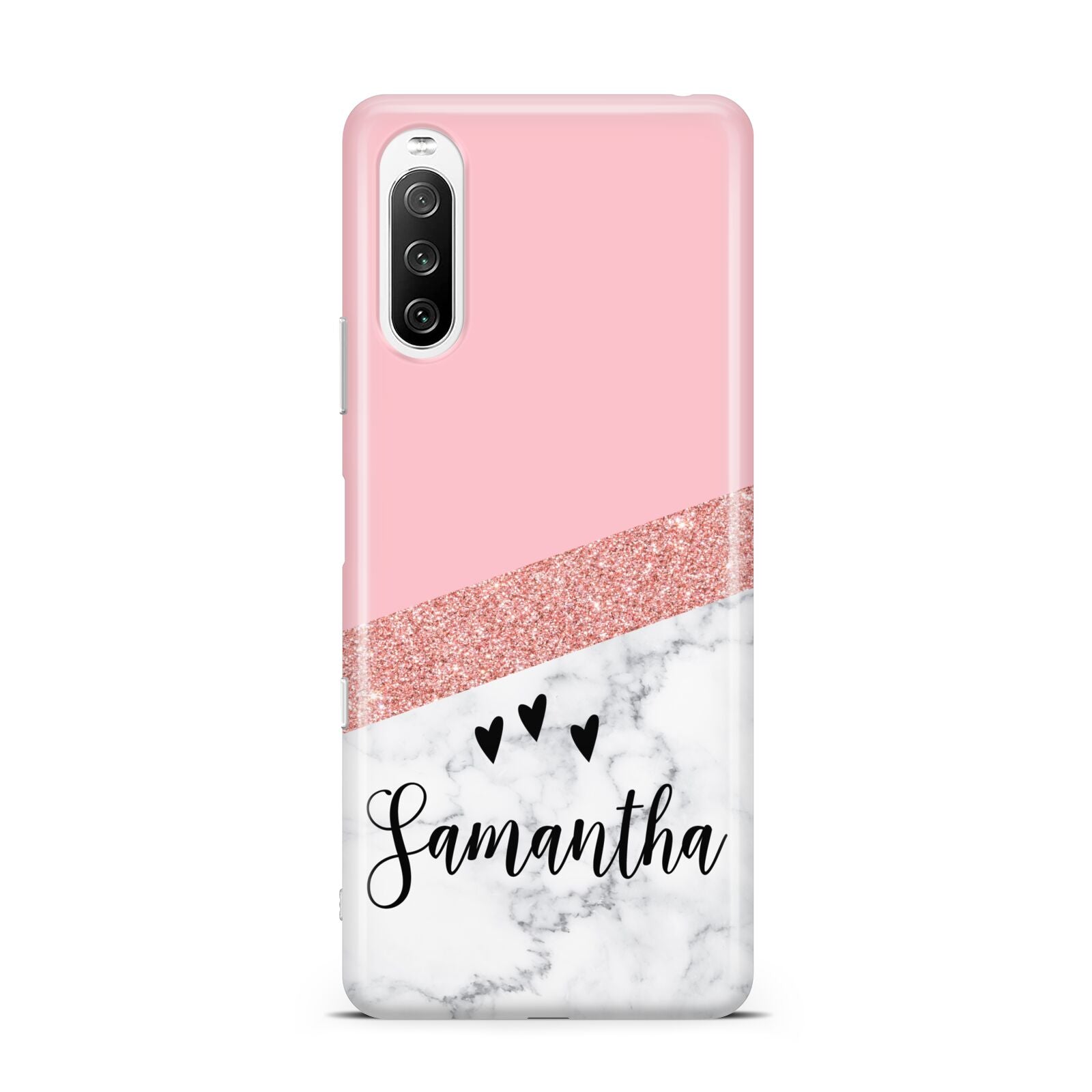 Pink Geometric Marble Personalised Name Sony Xperia 10 III Case