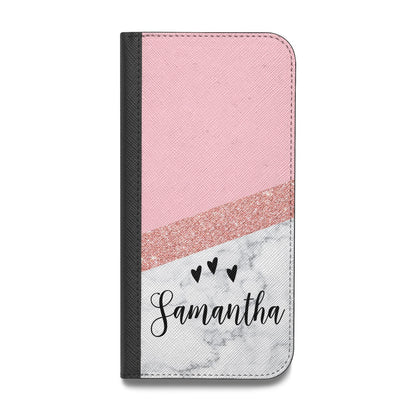 Pink Geometric Marble Personalised Name Vegan Leather Flip Samsung Case