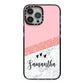 Pink Geometric Marble Personalised Name iPhone 13 Pro Max Black Impact Case on Silver phone