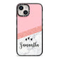 Pink Geometric Marble Personalised Name iPhone 14 Black Impact Case on Silver phone