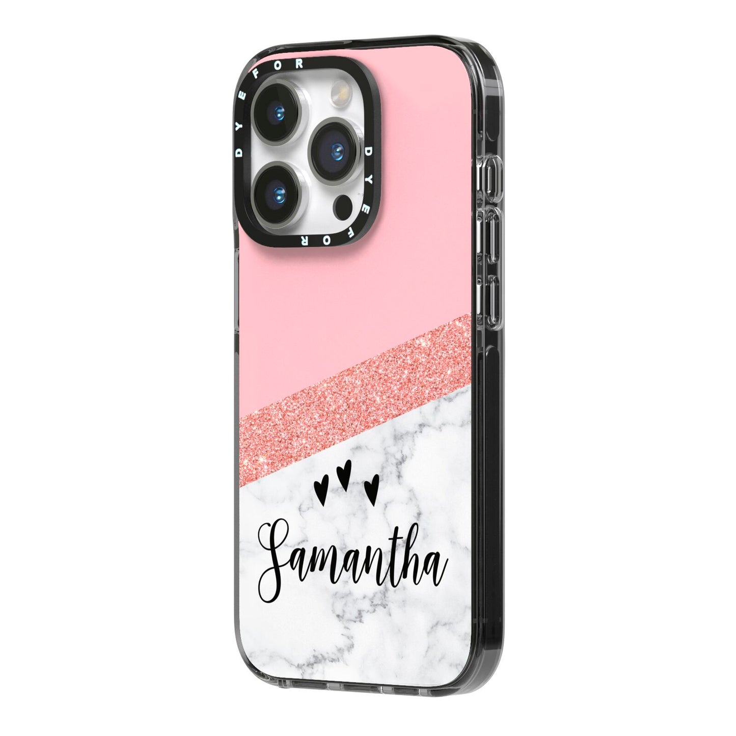 Pink Geometric Marble Personalised Name iPhone 14 Pro Black Impact Case Side Angle on Silver phone