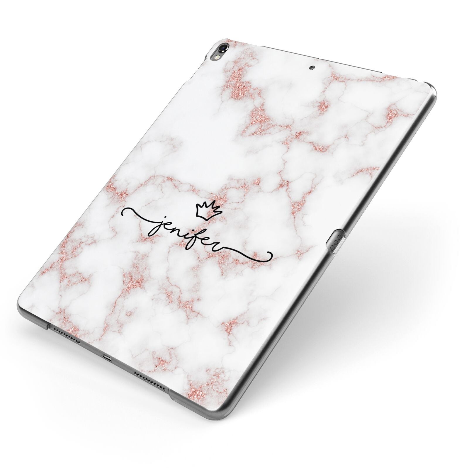Pink Glitter Marble with Custom Text Apple iPad Case on Grey iPad Side View
