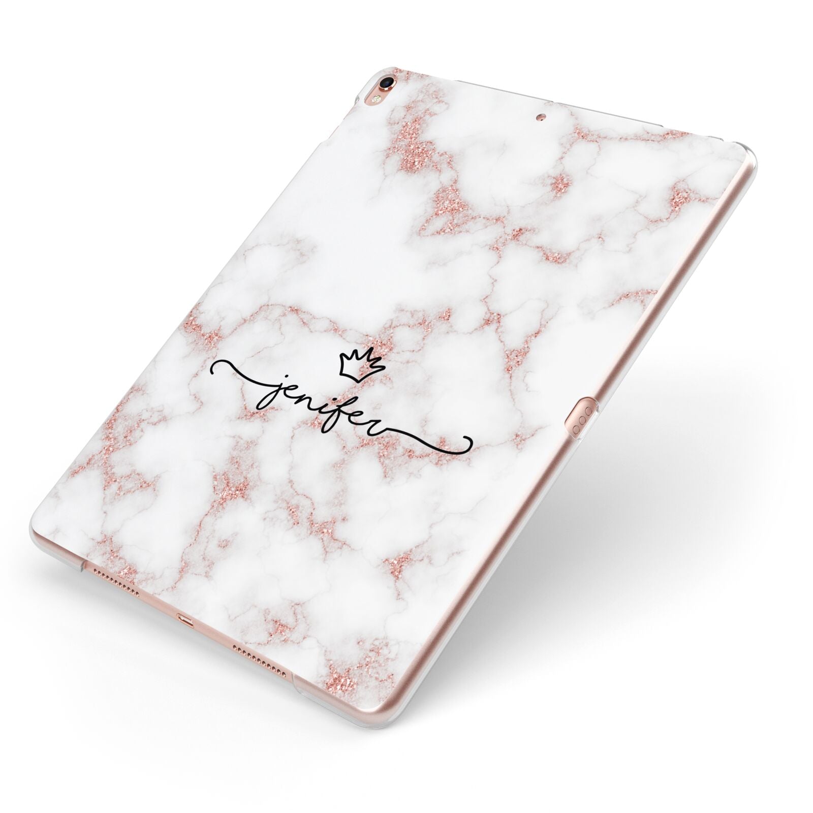 Pink Glitter Marble with Custom Text Apple iPad Case on Rose Gold iPad Side View
