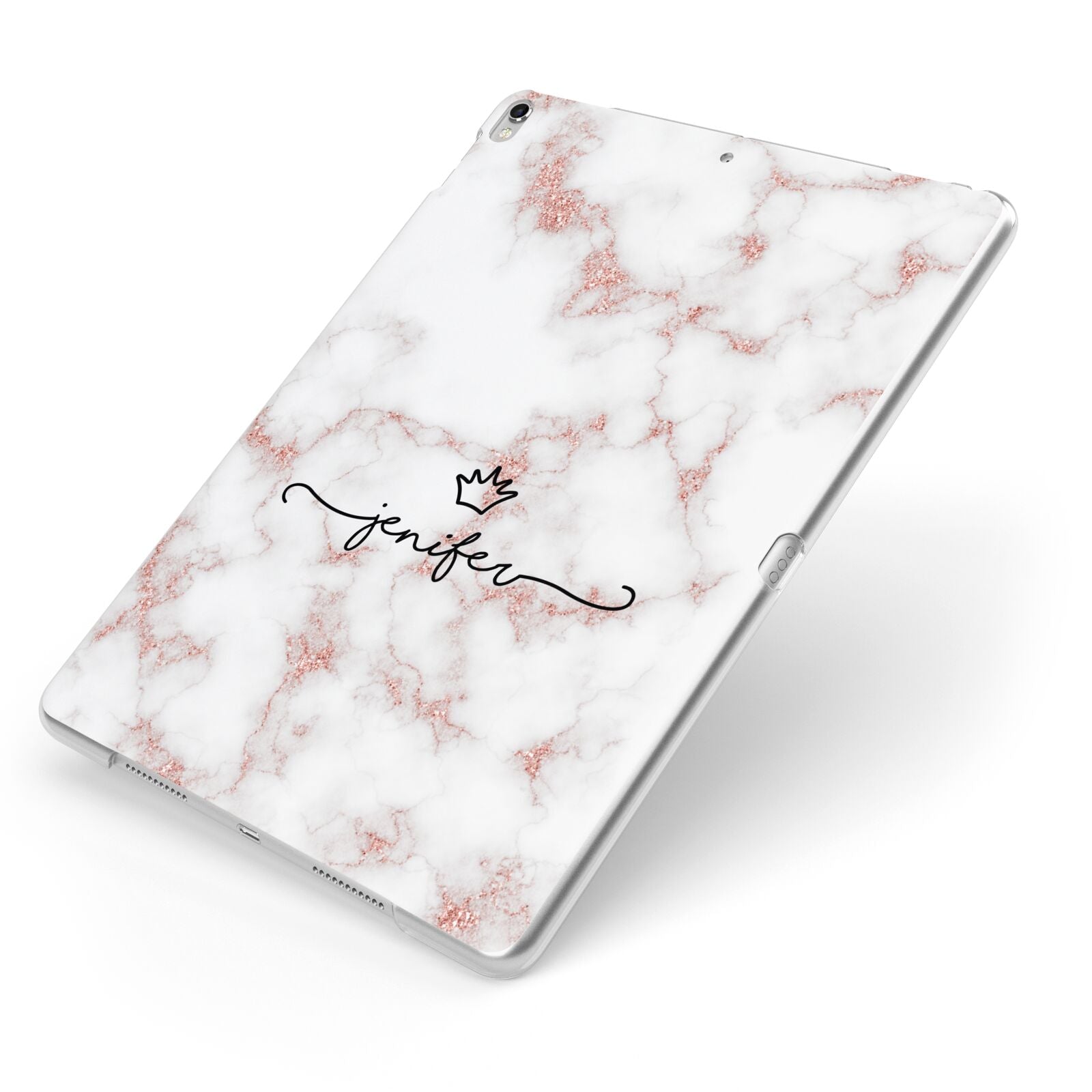 Pink Glitter Marble with Custom Text Apple iPad Case on Silver iPad Side View