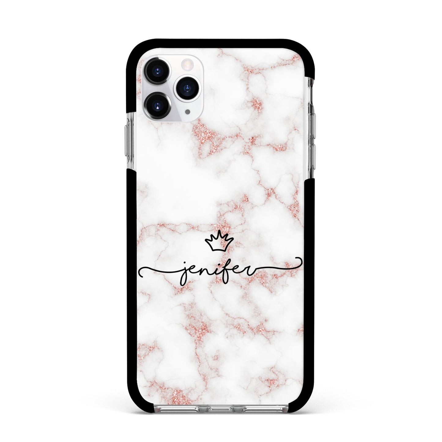 Pink Glitter Marble with Custom Text Apple iPhone 11 Pro Max in Silver with Black Impact Case