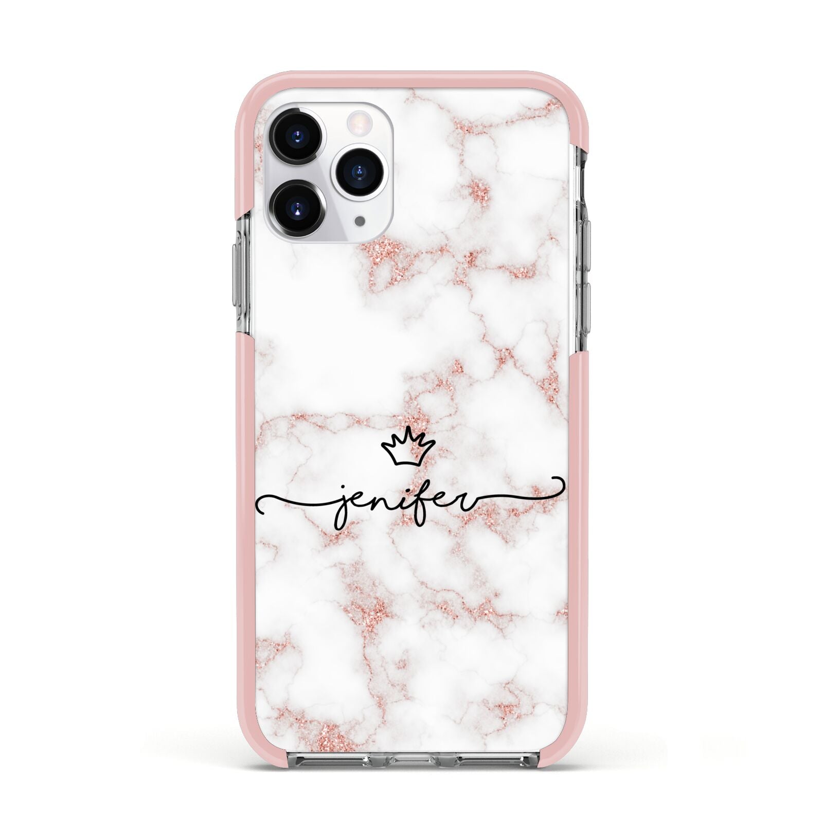 Pink Glitter Marble with Custom Text Apple iPhone 11 Pro in Silver with Pink Impact Case