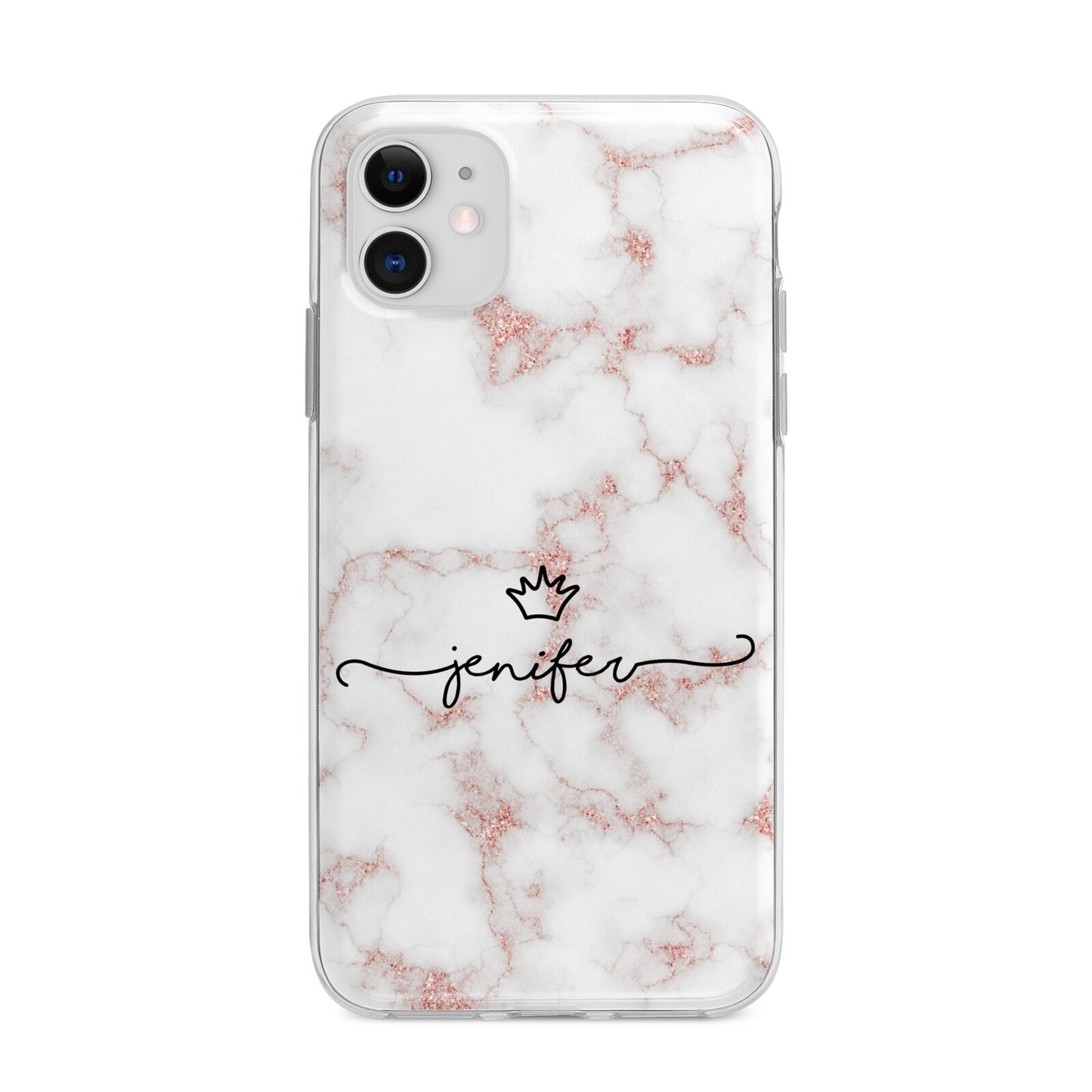 Pink Glitter Marble with Custom Text Apple iPhone 11 in White with Bumper Case