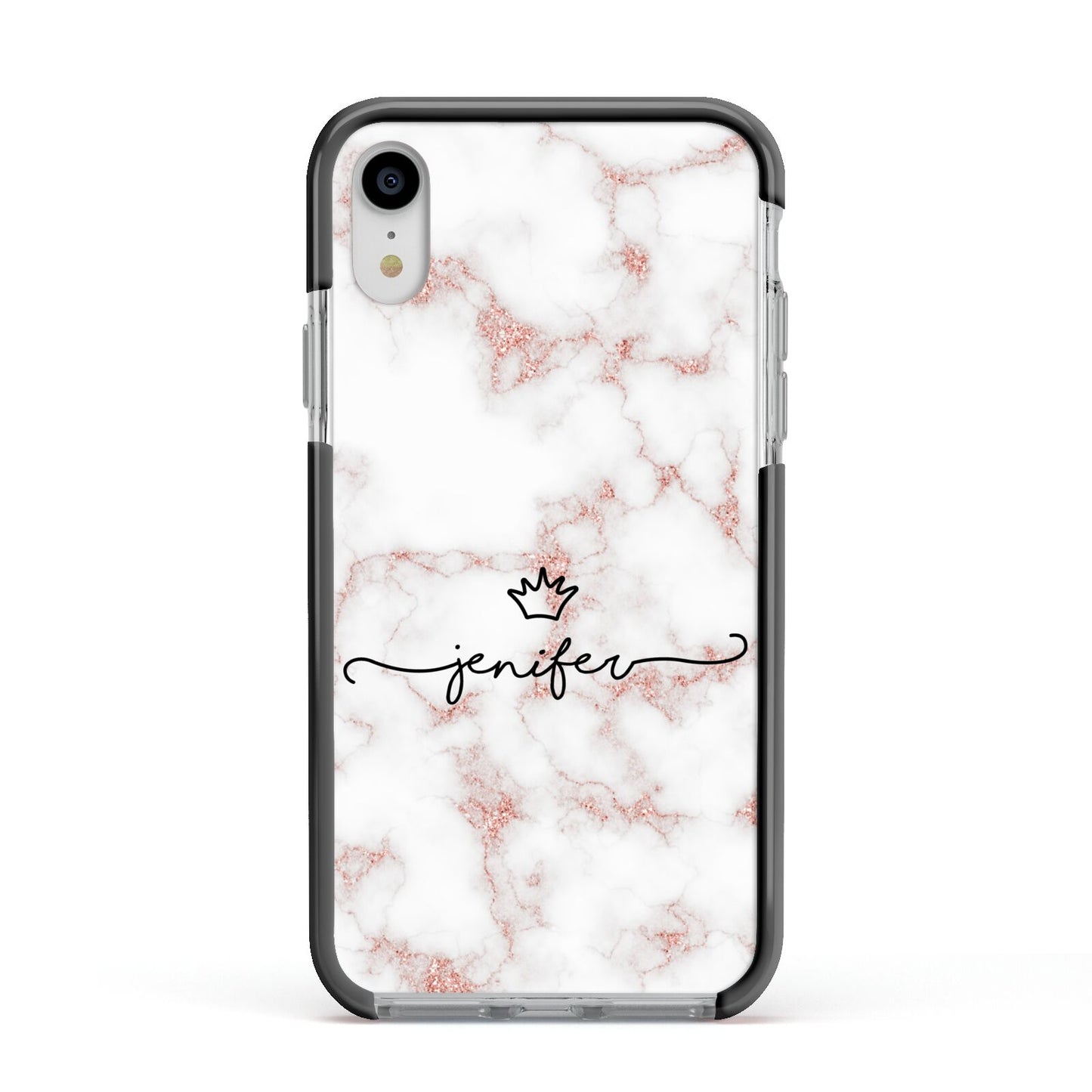 Pink Glitter Marble with Custom Text Apple iPhone XR Impact Case Black Edge on Silver Phone