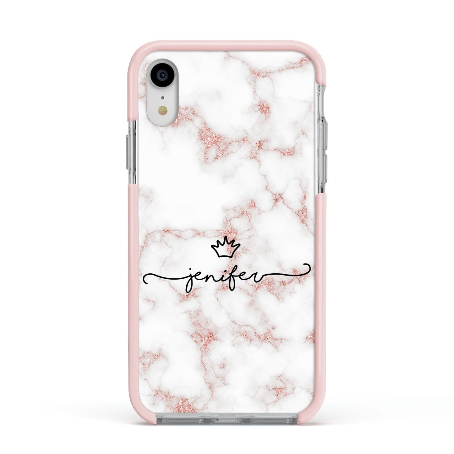 Pink Glitter Marble with Custom Text Apple iPhone XR Impact Case Pink Edge on Silver Phone