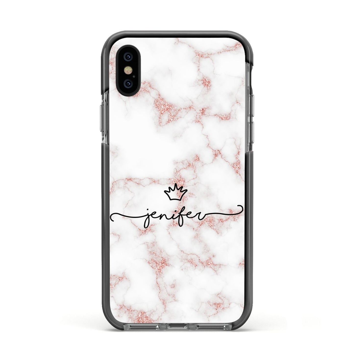 Pink Glitter Marble with Custom Text Apple iPhone Xs Impact Case Black Edge on Black Phone