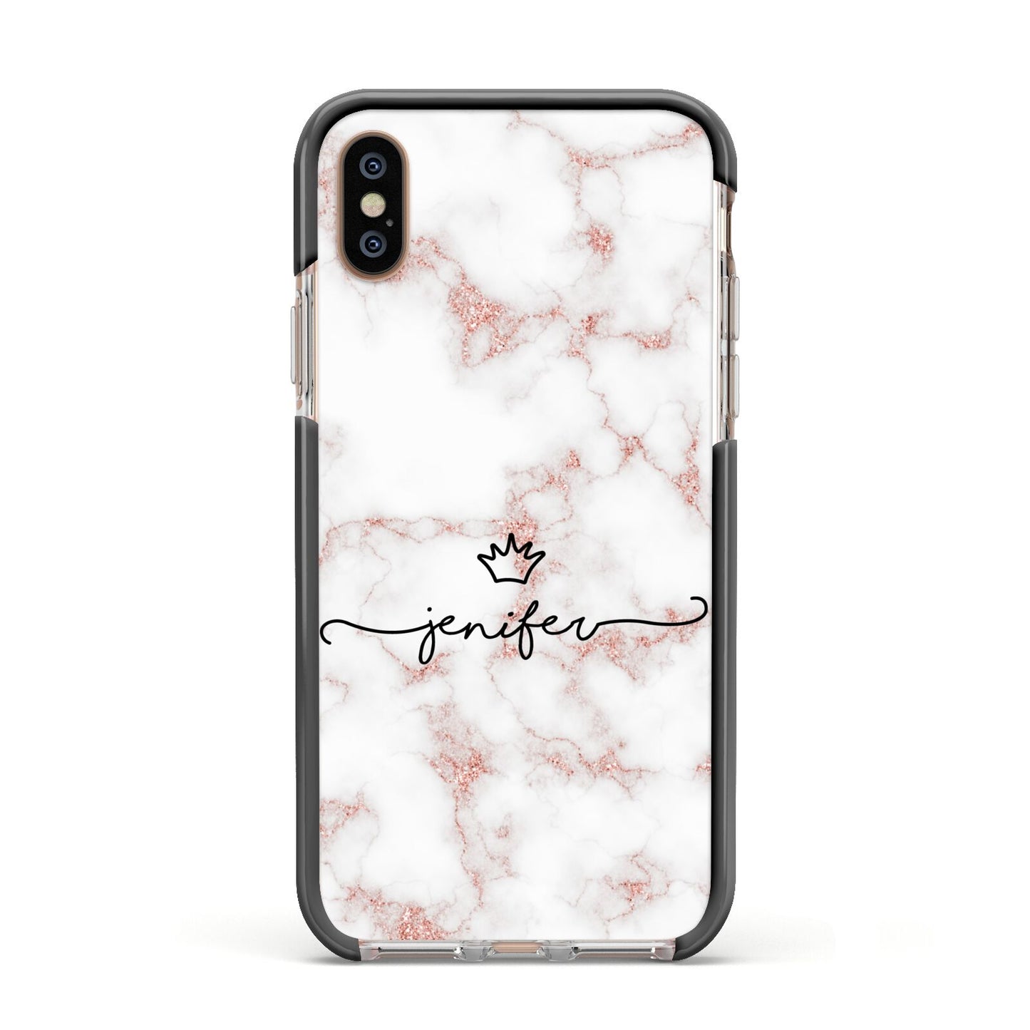 Pink Glitter Marble with Custom Text Apple iPhone Xs Impact Case Black Edge on Gold Phone