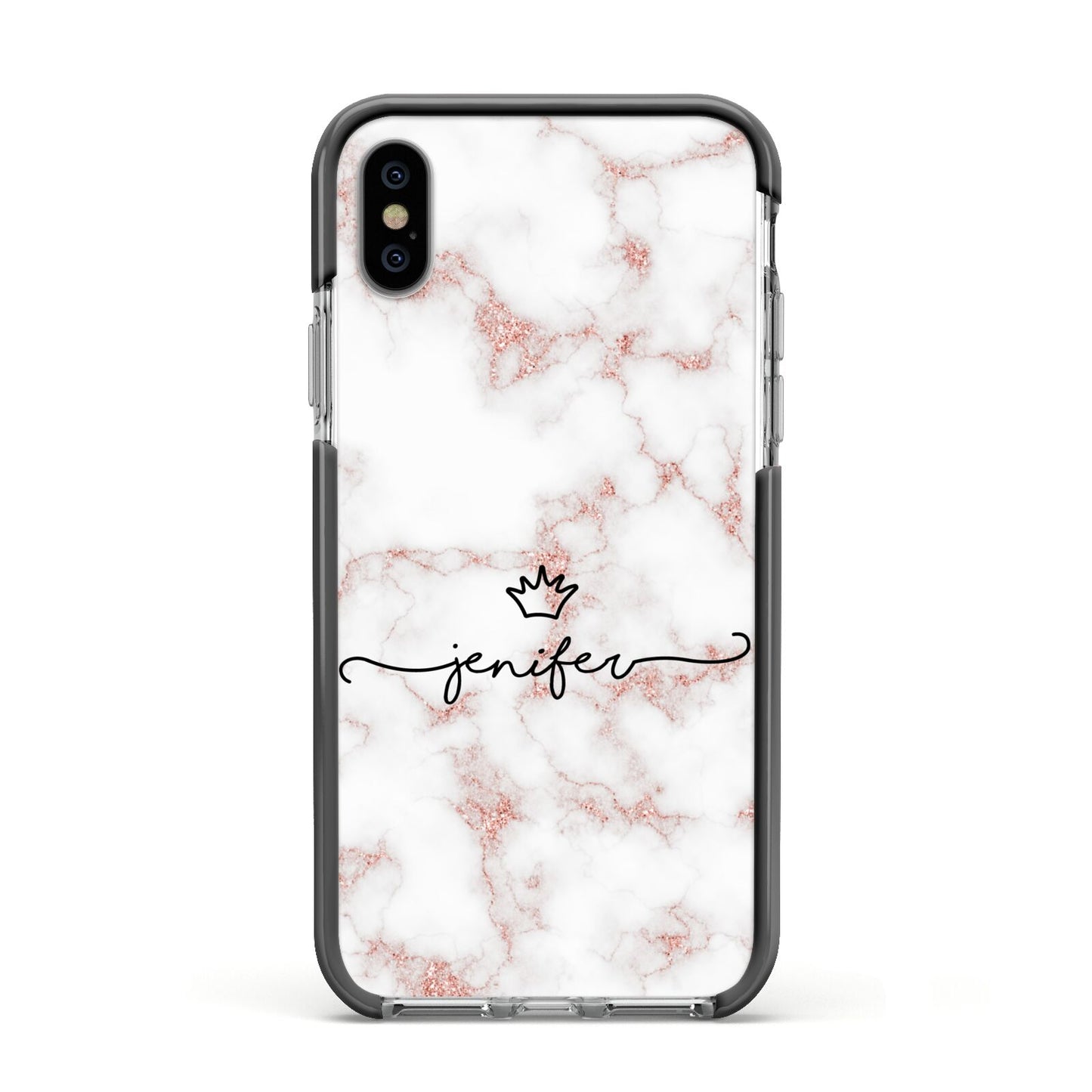 Pink Glitter Marble with Custom Text Apple iPhone Xs Impact Case Black Edge on Silver Phone
