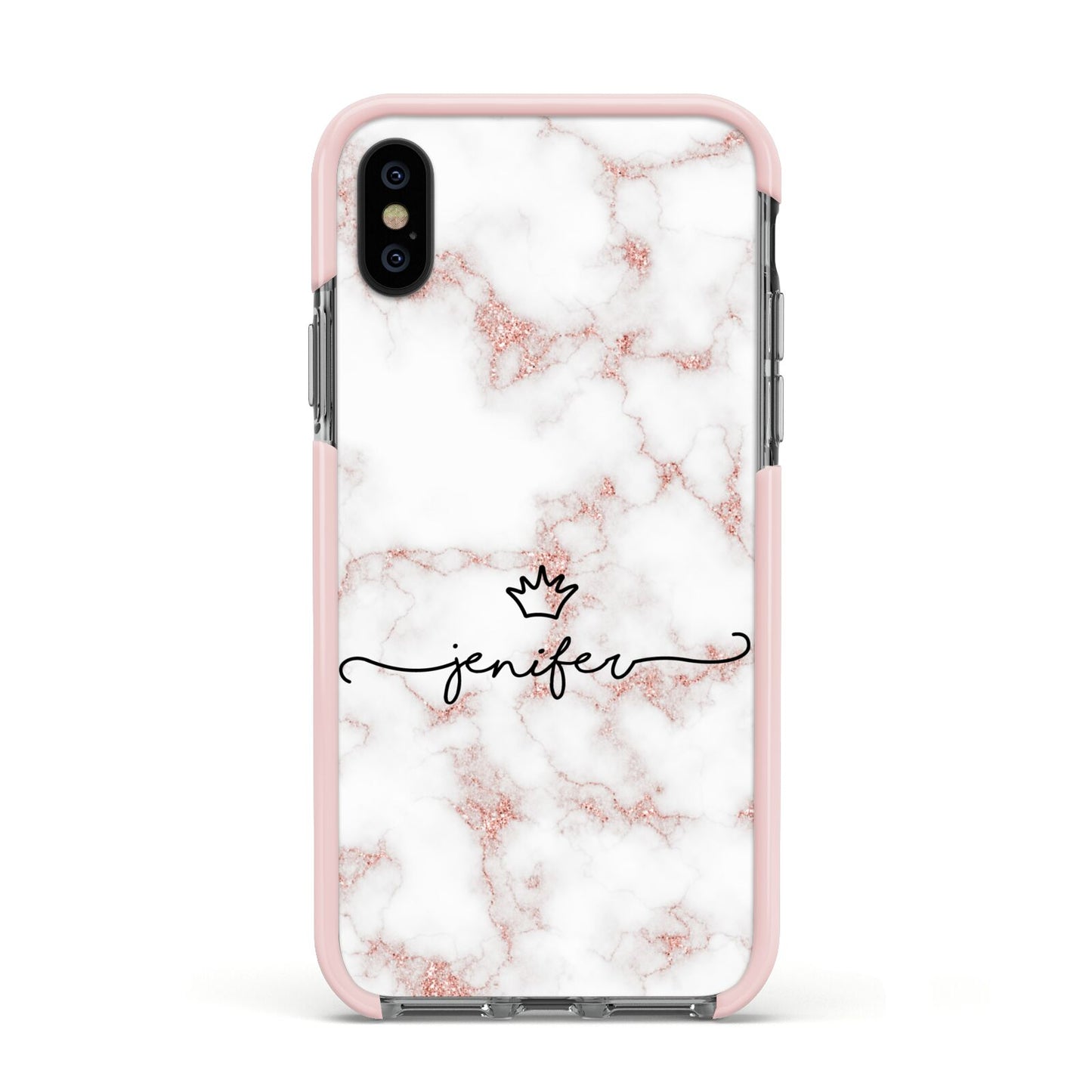 Pink Glitter Marble with Custom Text Apple iPhone Xs Impact Case Pink Edge on Black Phone