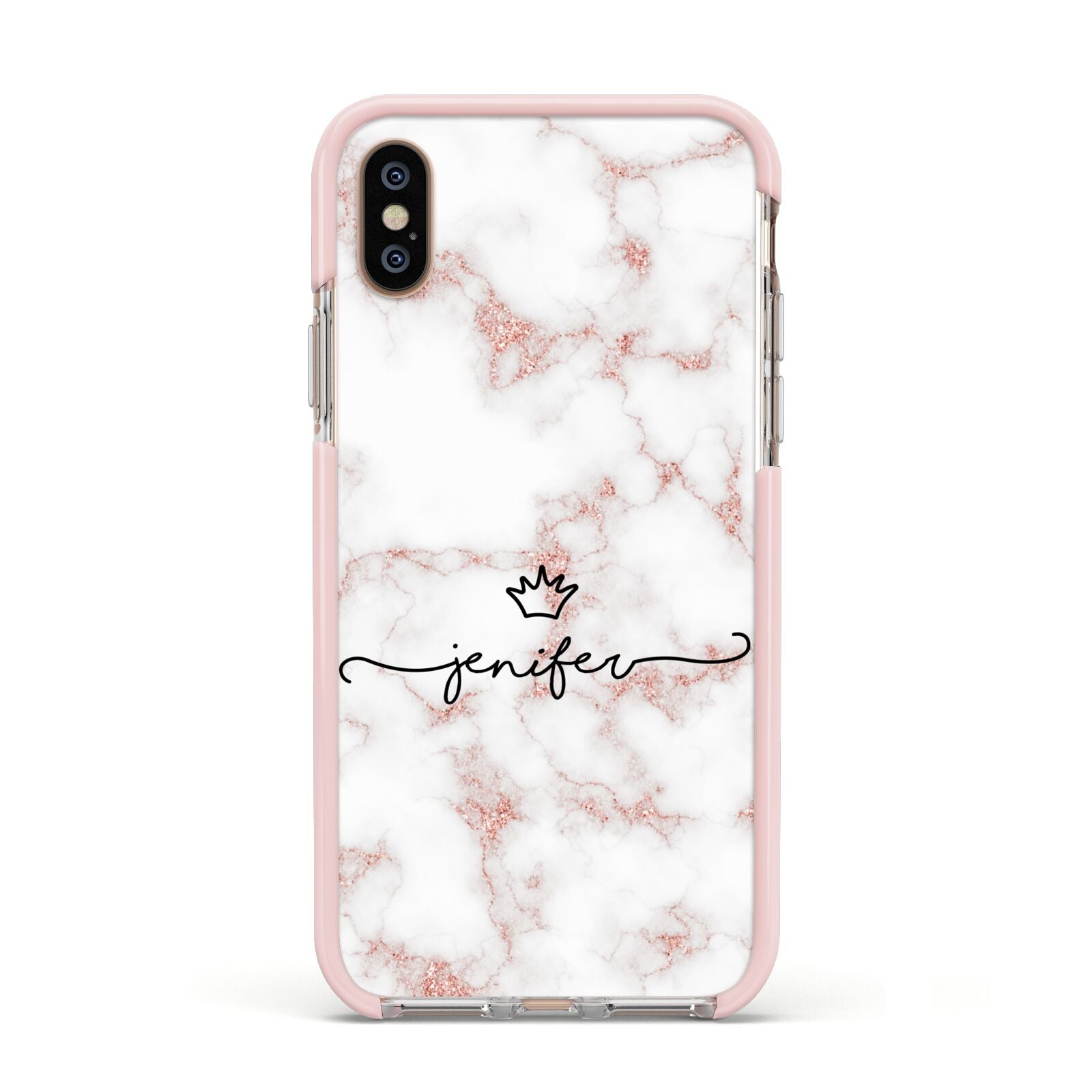 Pink Glitter Marble with Custom Text Apple iPhone Xs Impact Case Pink Edge on Gold Phone