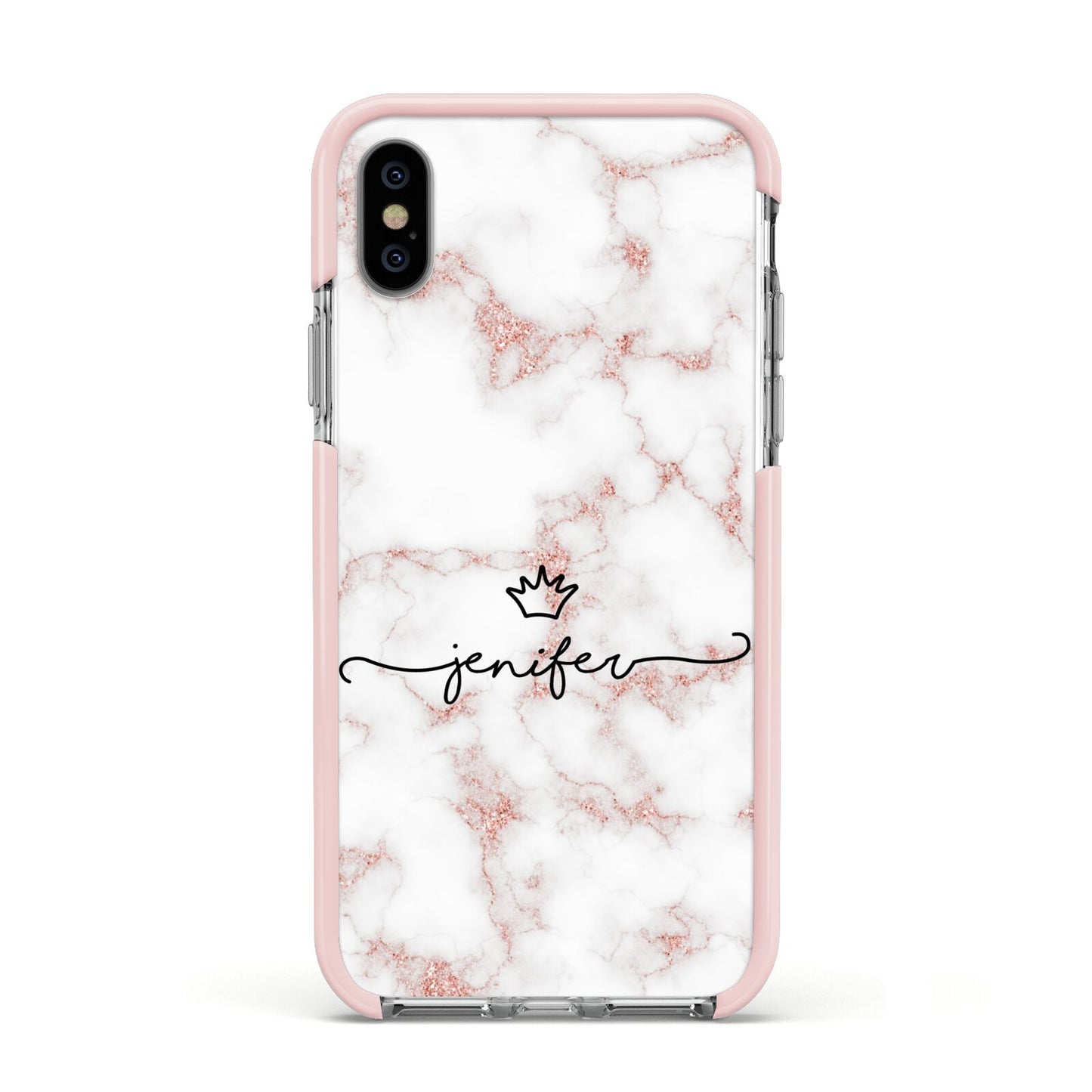 Pink Glitter Marble with Custom Text Apple iPhone Xs Impact Case Pink Edge on Silver Phone