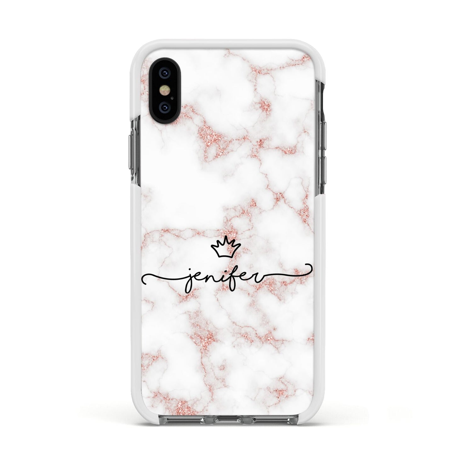 Pink Glitter Marble with Custom Text Apple iPhone Xs Impact Case White Edge on Black Phone